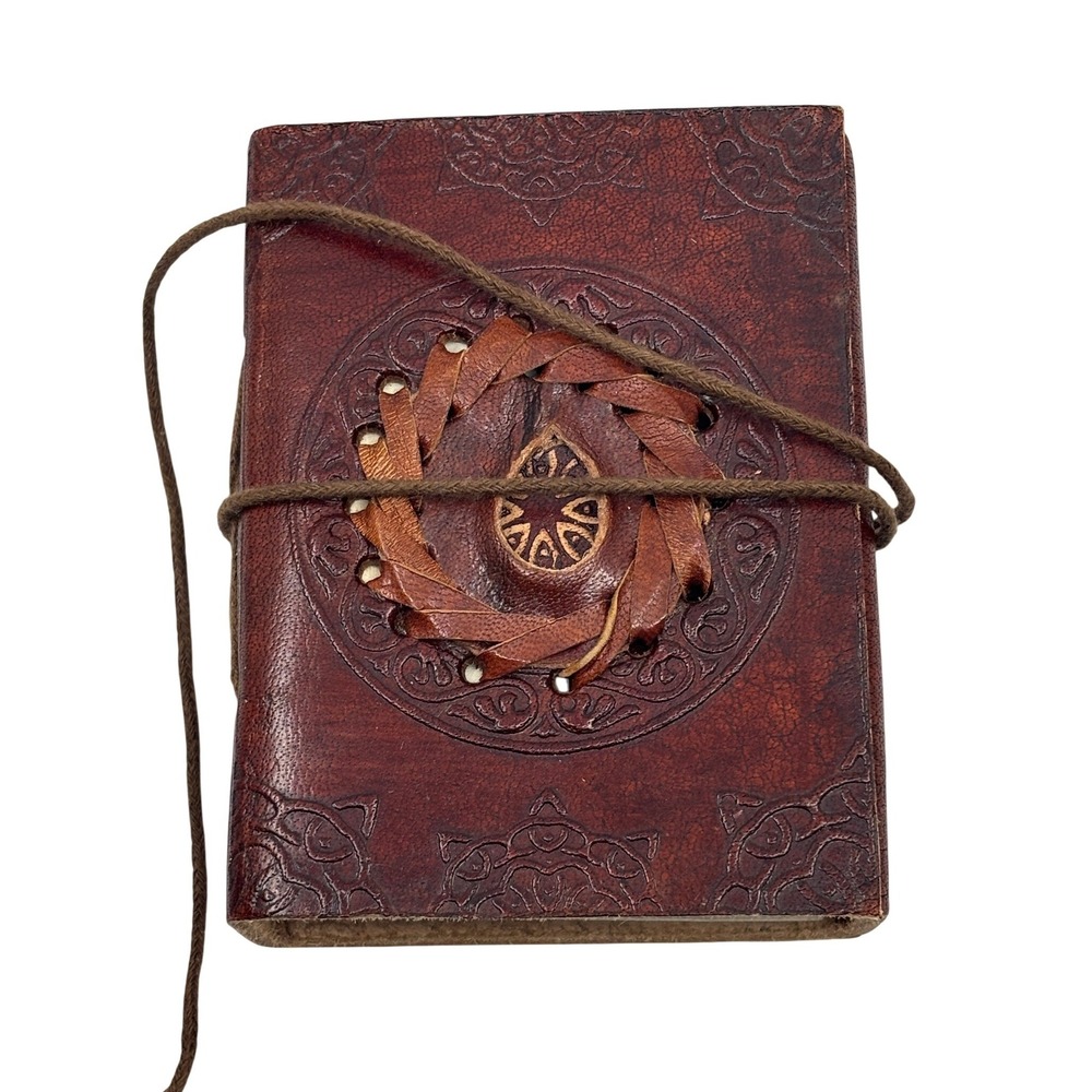 Vintage Embossed Leather Mandala Journal Small Braided Eyelet Cord Wrap Brown